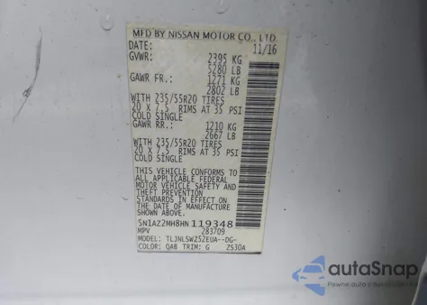 2017 Nissan Murano Platinum из США, поврежденный, VIN 5N1AZ2MH8HN119348